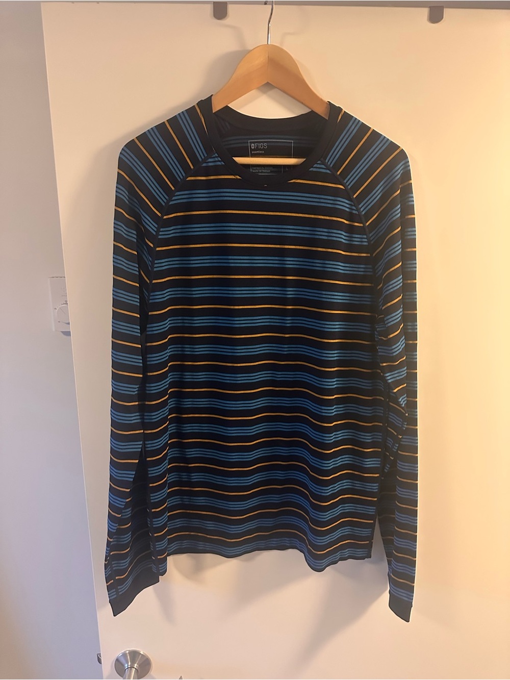 Figs Long-Sleeve Striped Crewneck — Blue & Black with Gold Accent L